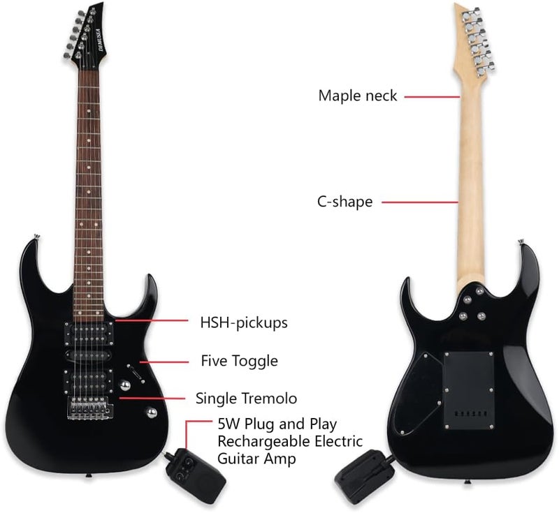 demusea Full size electric guitar kit package 24fret black color HSH pickups single tremolo bridge portable 5W rechargeable amplifier travel amp set practice for beginner starter with strap gigbag bundle - Image 3